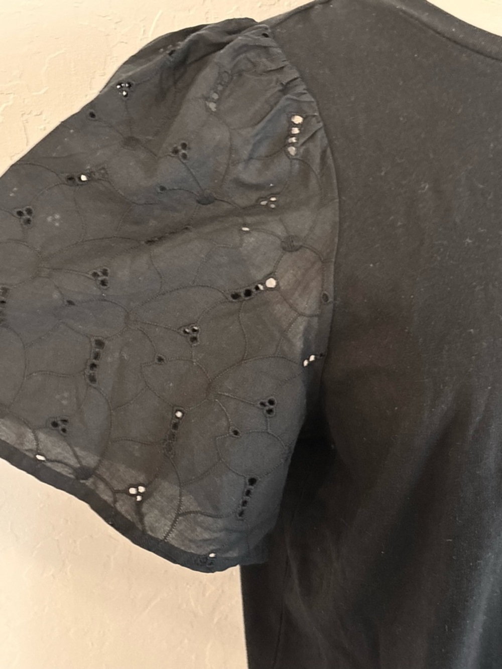 a new day Short Sleeve Cotton Crewneck Tee Eyelet Puff Flutter Sleeve, Black, M - Picture 3 of 5